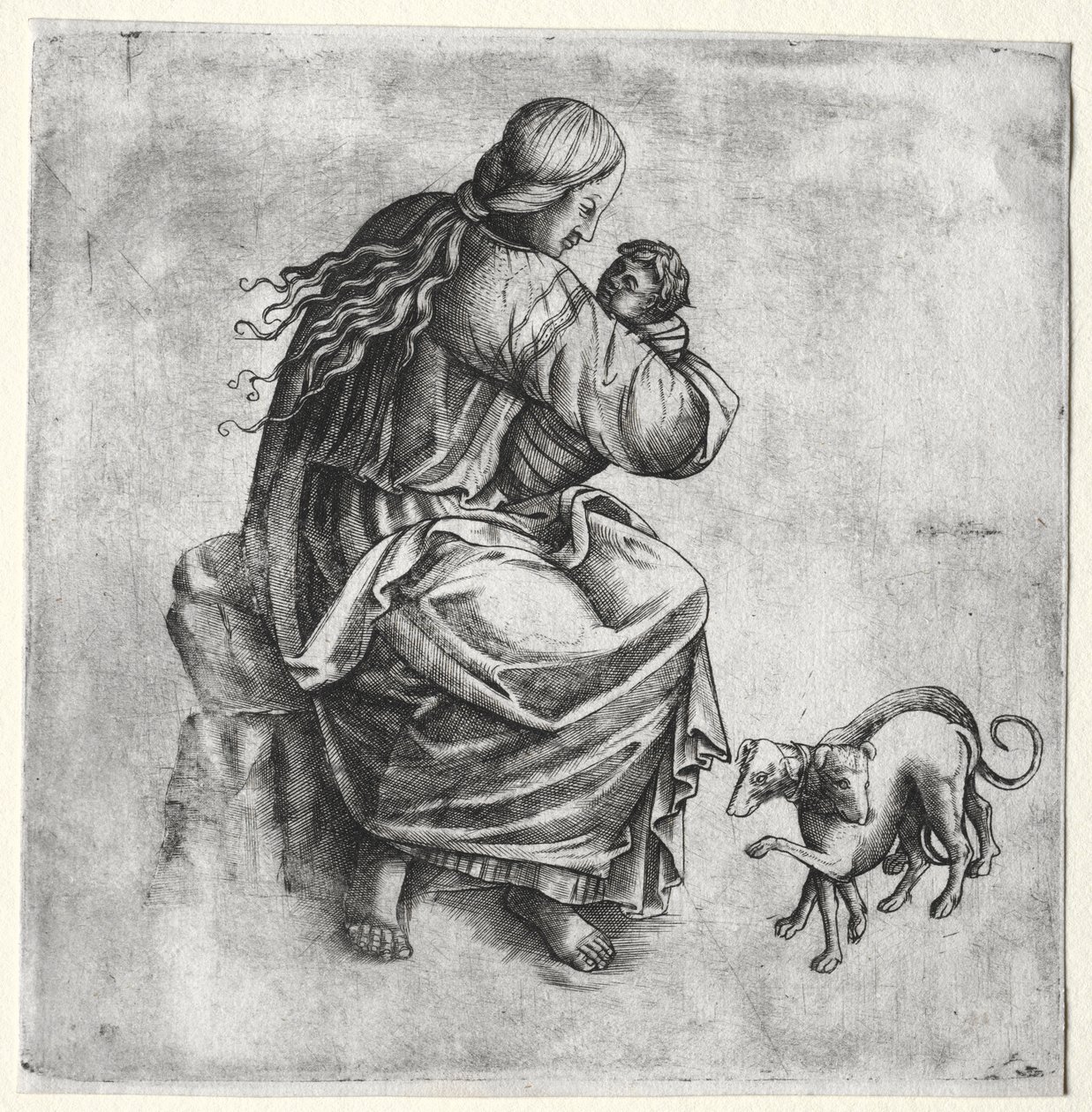 Mère et enfant avec deux chiens - Unknown artist