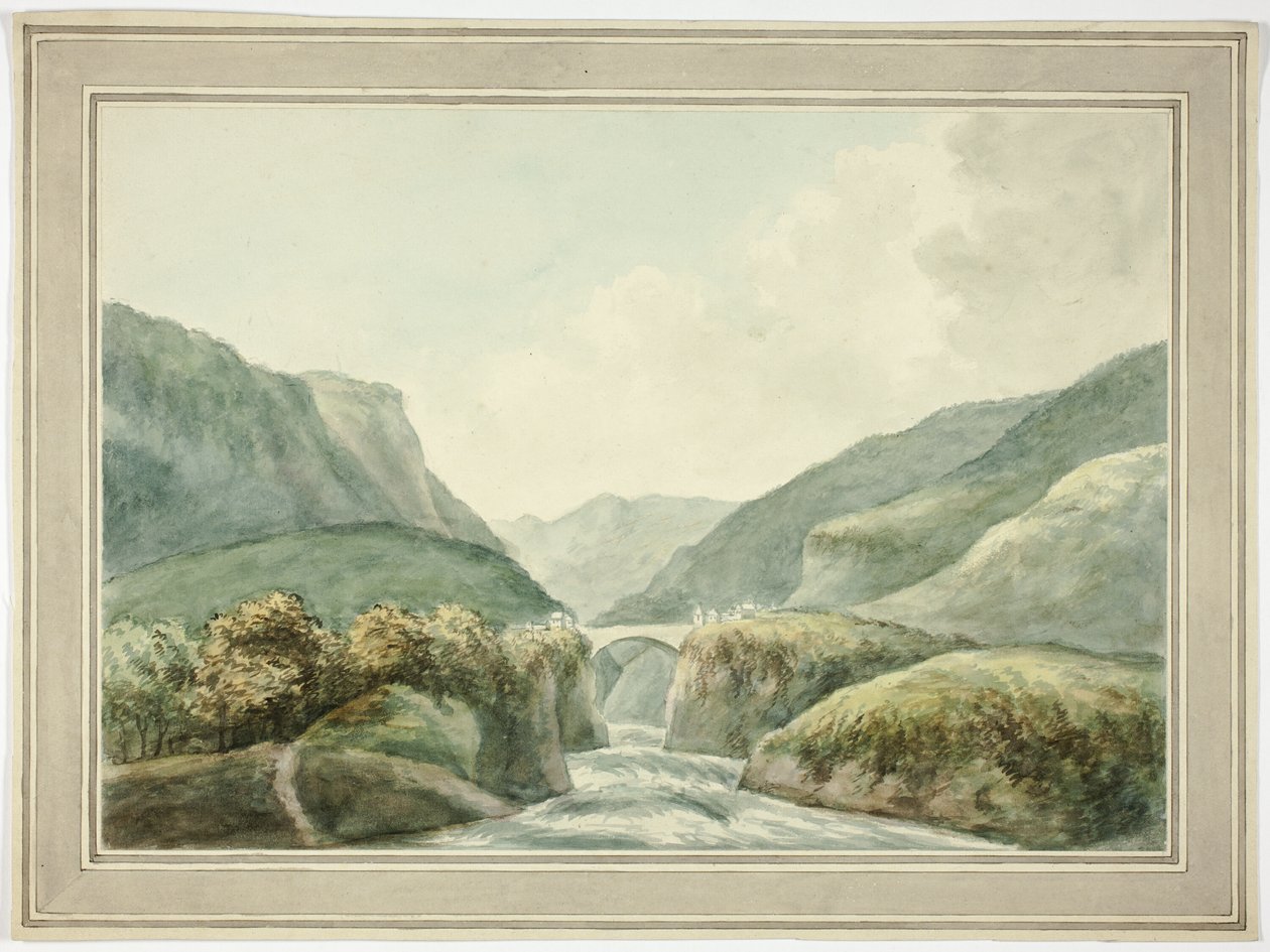 Ville de montagne traversée par un pont enjambant des rapides - Unknown artist