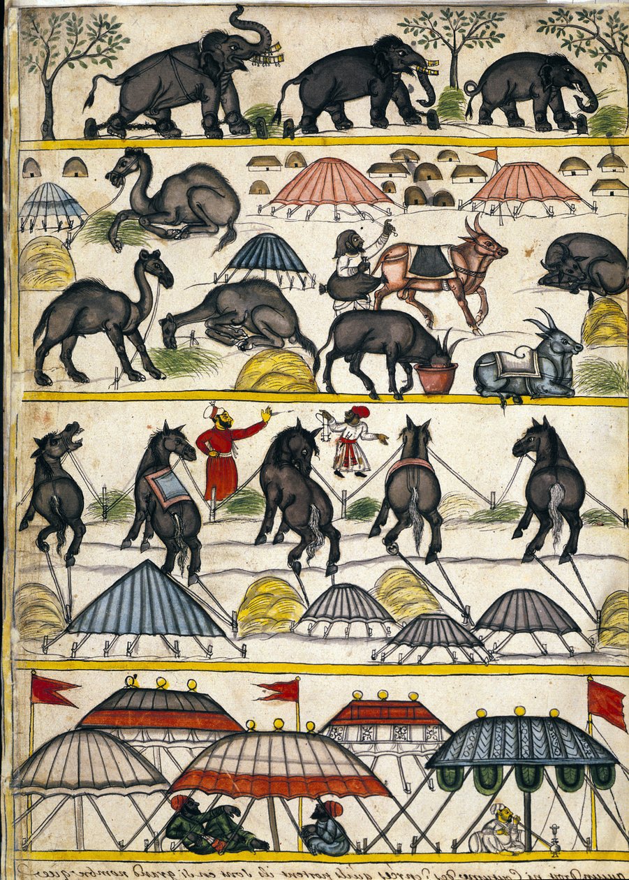 Camp militaire moghol. Page du manuscrit (ms.8300) « Histoire de Mogol » (Moghul ou Moghol) par Stefano Nivibus Cardeira. 18ème siècle. Bibliothèque marciana, Venise - Unknown artist