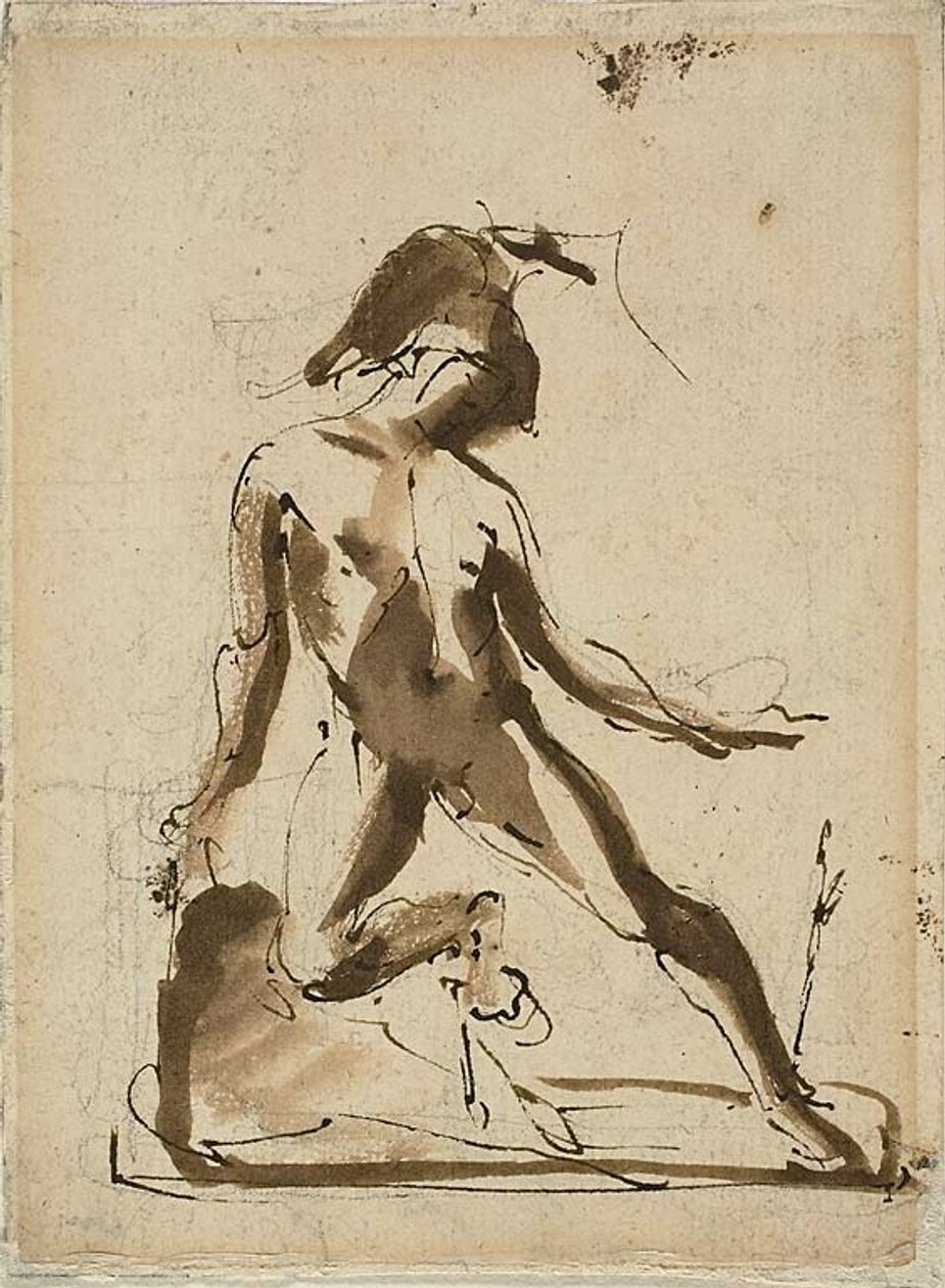 Figure mythologique : Achille avec une peau de lion (recto) ; Esquisses de figures (verso) - Unknown artist