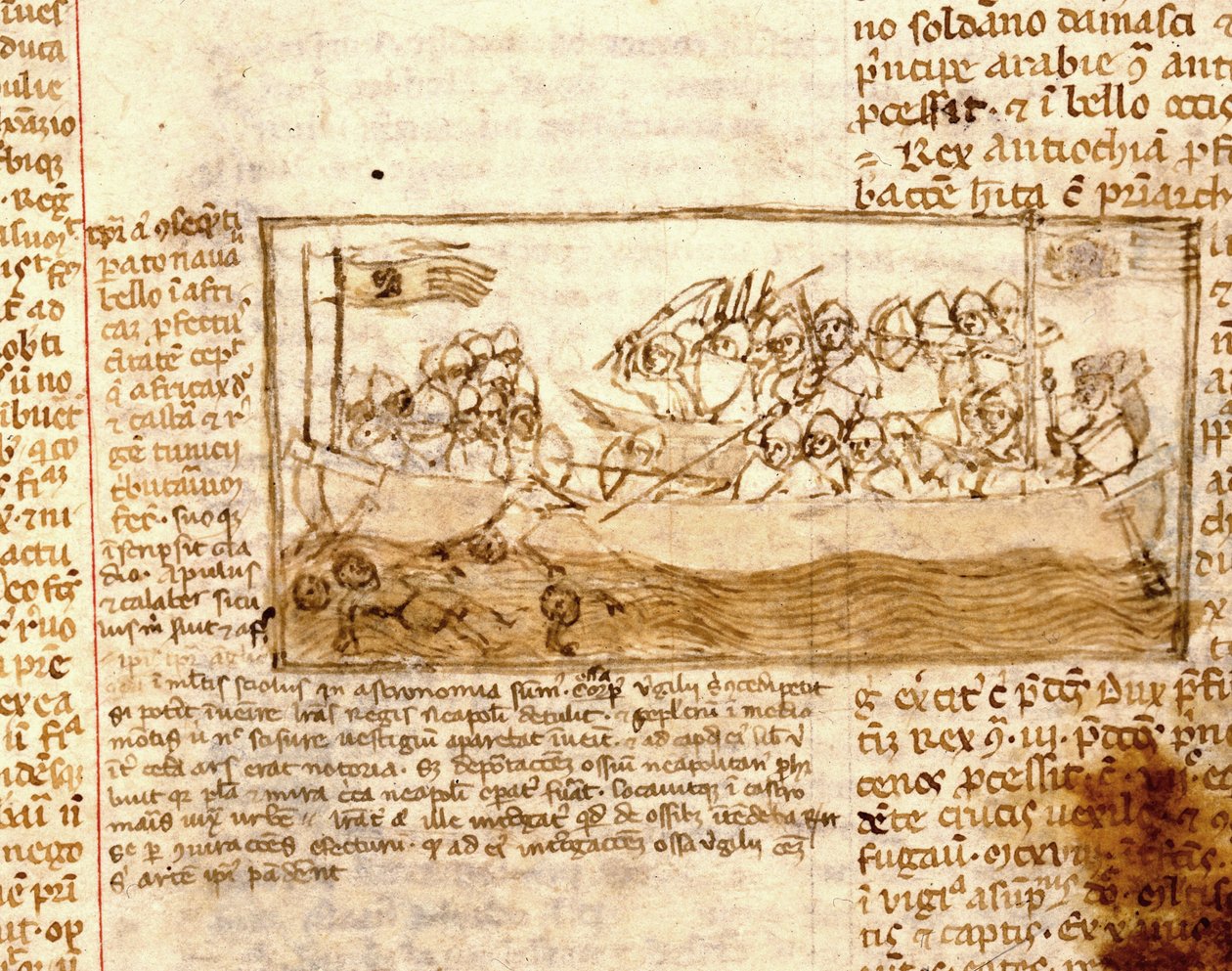 Bataille navale entre Sarrasins et Croisés en 1120. Selon le manuscrit "Peregrinationem in terram sanctam" du 12ème siècle. Marciana, Venise - Unknown artist