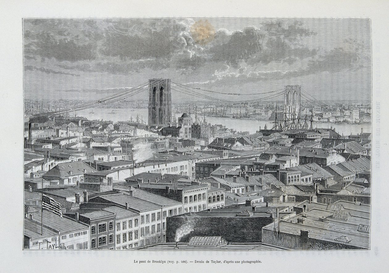 New York et le pont de Brooklyn en construction - dans « Le tour du monde », 2e semestre 1881 - Unknown artist