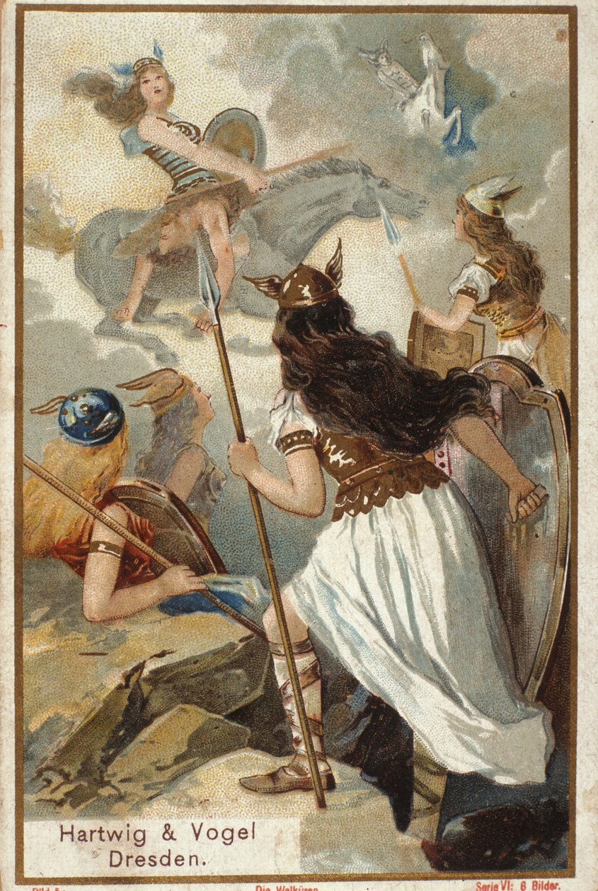 Mythologie nordique : Les Walkyries (vierges guerrières) à Valholl (ou Walhalla, Valhalla, Valhalle : lieu où sont amenés les guerriers courageux) et la chute des guerriers au combat. Chromolithographie du 19e siècle - Unknown artist
