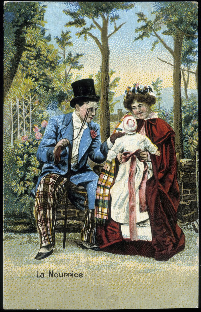 Nourrice avec un bébé conversant avec un homme dans un parc - chromo., fin XIXe siècle - Unknown artist