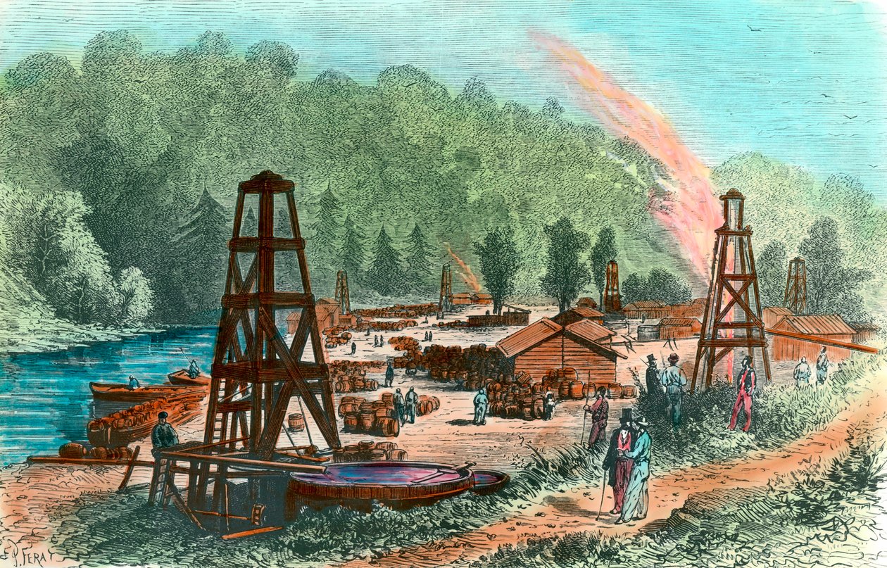 Puits de pétrole à Tarr Farm en Pennsylvanie, USA. Gravure du XIXe siècle. Collection privée - Unknown artist