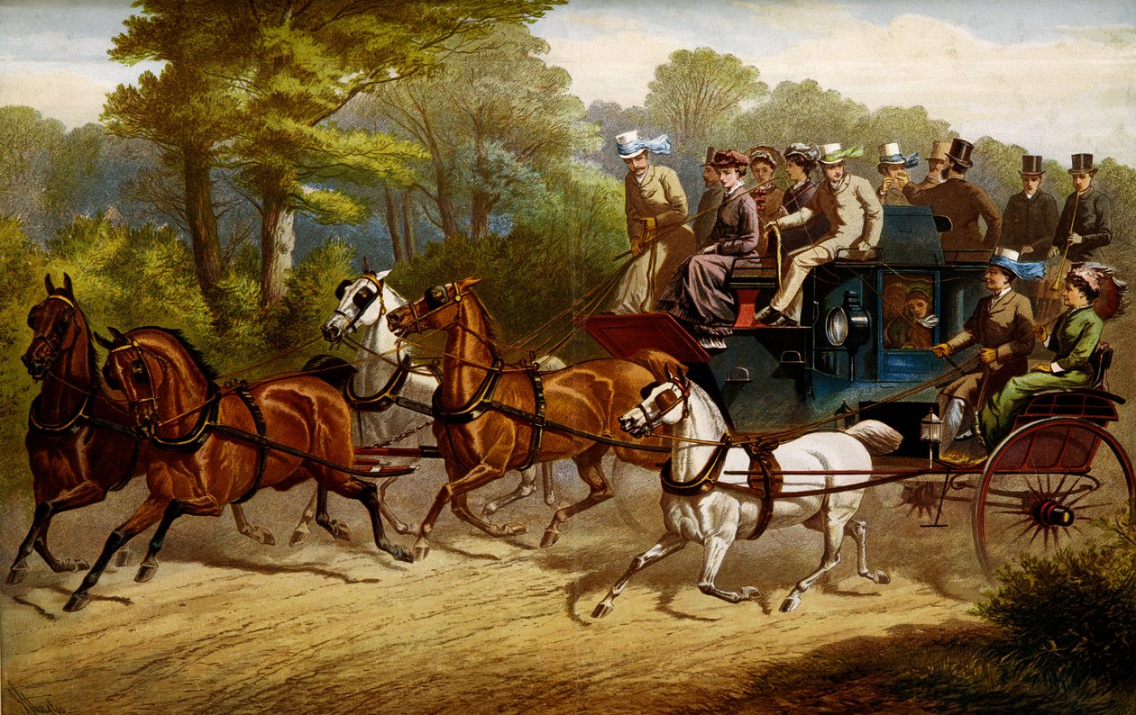 En route pour le derby, fiacre et omnibus tirés par des chevaux allant à un derby - Unknown artist