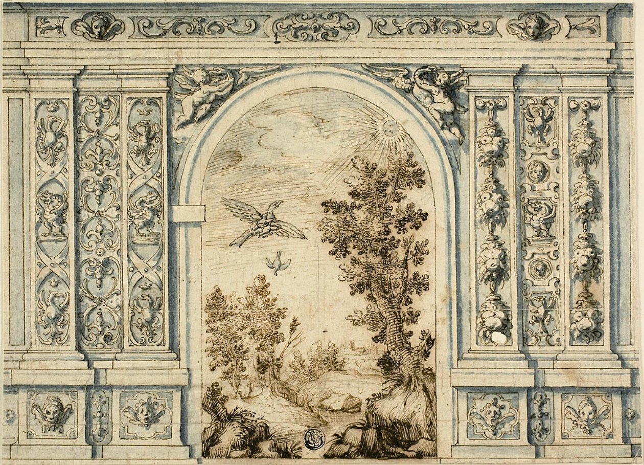 Mur ornemental avec paysage - Unknown artist