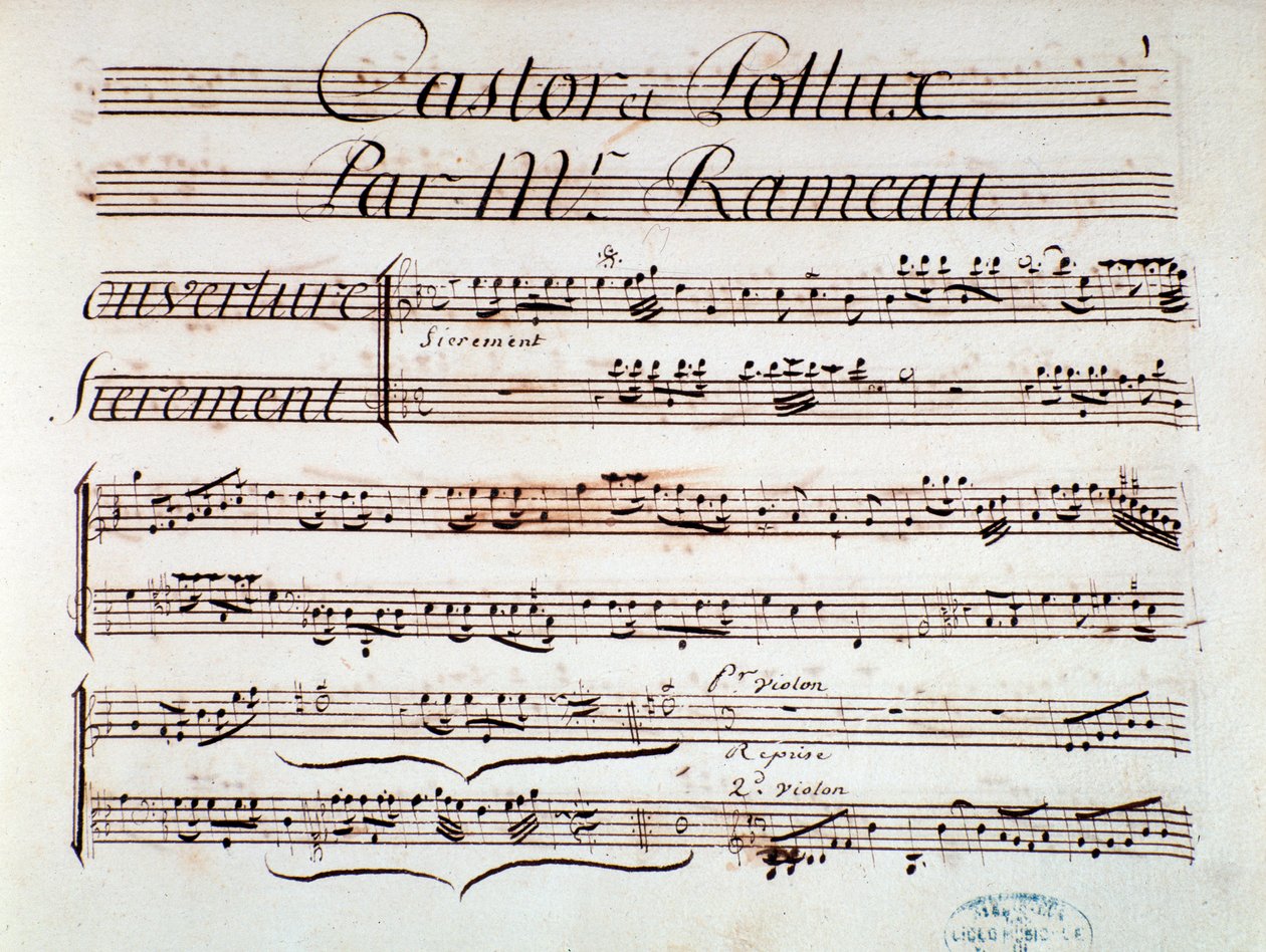 Page de partition musicale de Castor et Pollux, tragédie lyrique par Rameau (1737) - Unknown artist