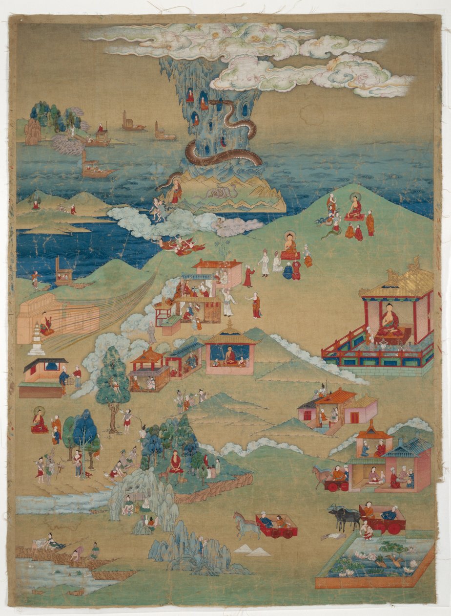 Bannière peinte (Thangka) de cinq contes moraux tirés de l