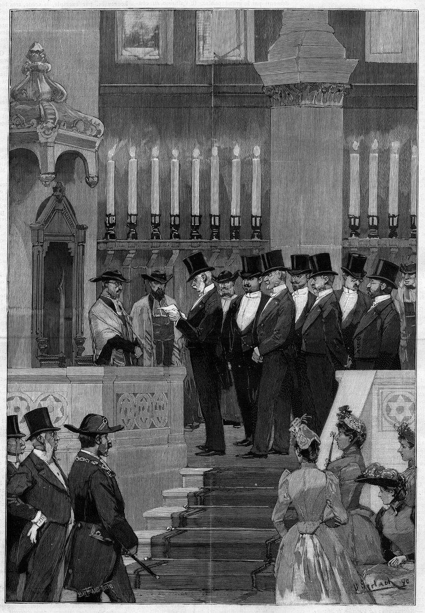Paris 1890 : Installation de Zadoc Kahn (1839-1905) grand rabbin de France. Monsieur Alphonse de Rothschild (1827-1905) lisant l