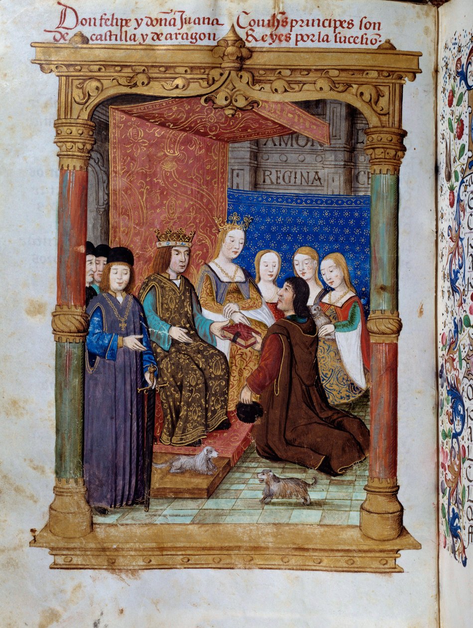 Pedro Marcuello présentant son livre au roi Philippe Ier de Habsbourg dit le Beau et à la reine Jeanne Ire la Folle de Castille. Miniature dans « Devocionario de la Reyna Da Juana a Quien Llamaron la Loca » - Unknown artist