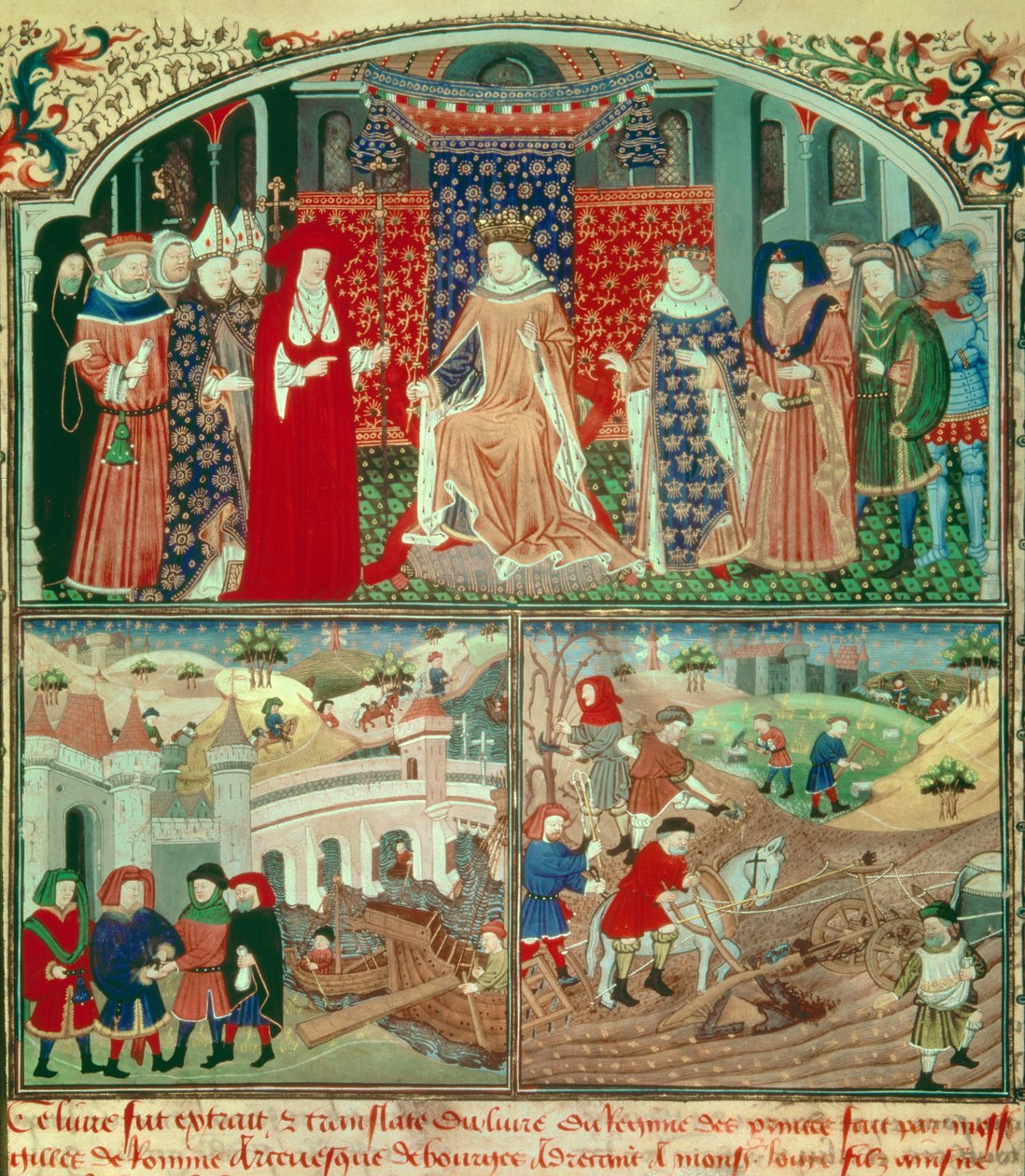 Philippe le Bel trônant (1268-1314) avec scène de labour et scène de marchand. Miniature dans « Livre du régime des princes » par Gilles de Rome (v.1247-1316), Paris, B N - Unknown artist