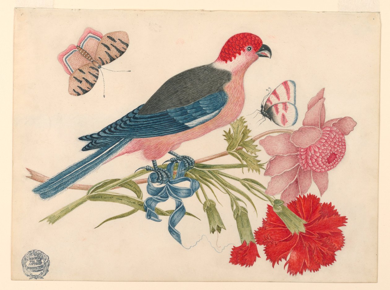 Oiseau rose, rouge, bleu et noir sur une branche avec des fleurs et des papillons - Unknown artist