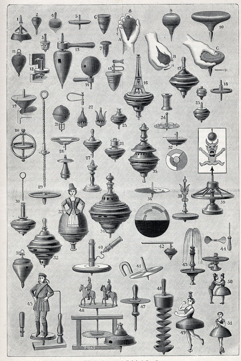 Planche montrant une collection de toupies avec différentes formes et systèmes de rotation. Gravure dans « La Nature » - Unknown artist