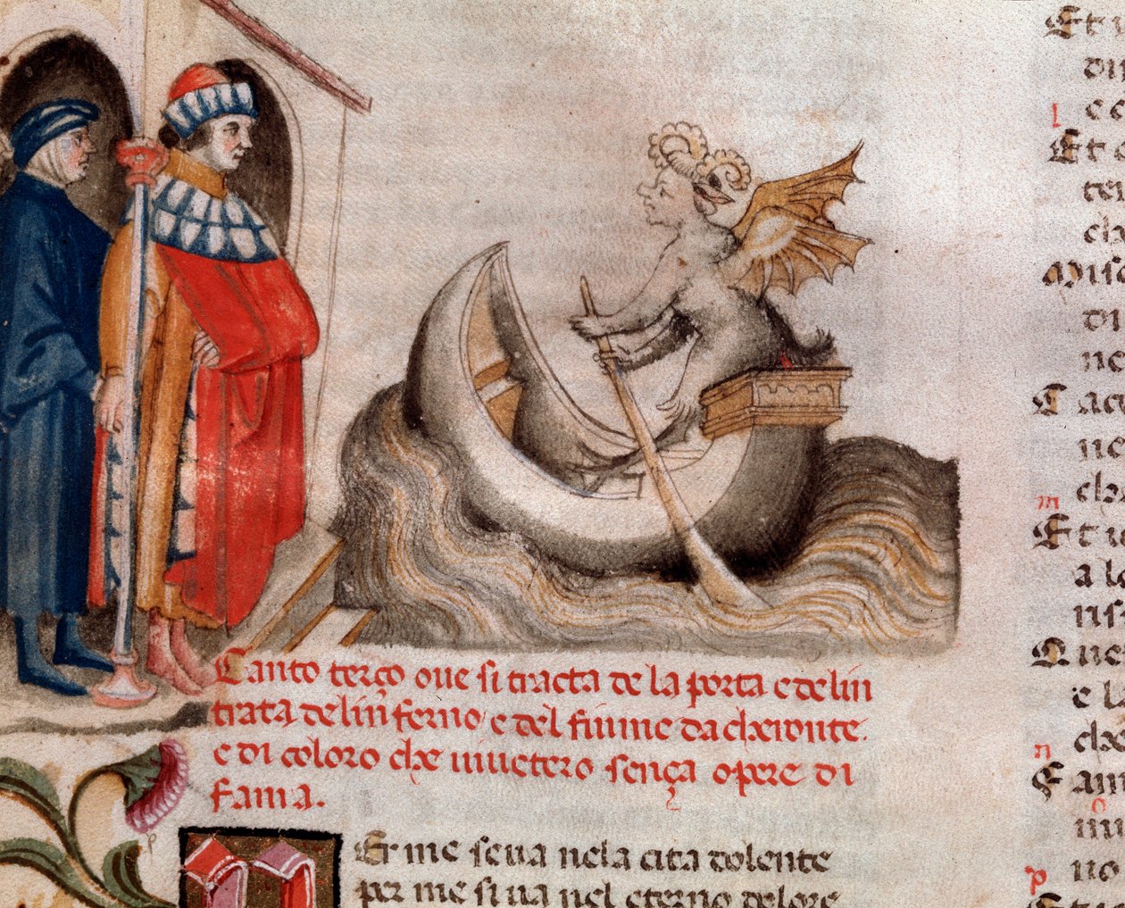 Portrait du poète italien Dante Alighieri regardant Charon son bateau traversant l