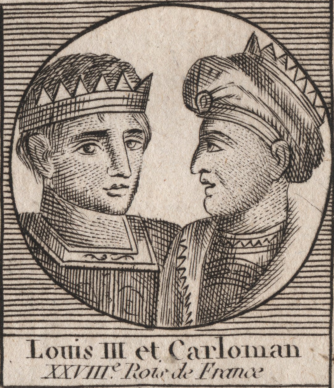 Portraits de Louis III (863/65-882) roi des Francs entre 879 et 882 et Carloman II (866-884), roi des Francs de 879 à 884 - Louis III roi de Francie occidentale et Carloman II, roi de Francie occidentale - gravure de « Instruction sur l