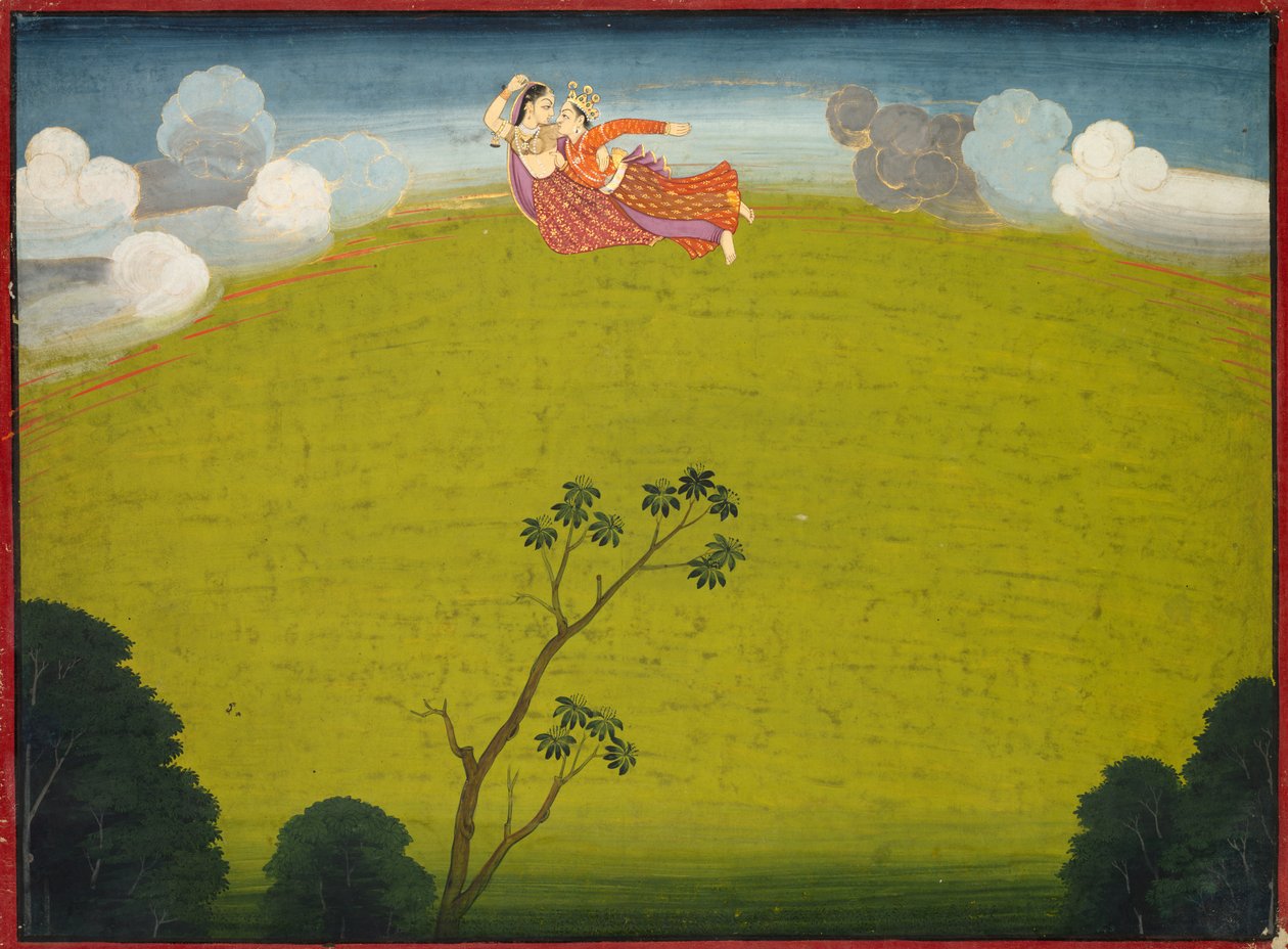 Pradyumna et Mayavati volant vers Dvaraka, du grand Basohli Bhagavata Purana - Unknown artist