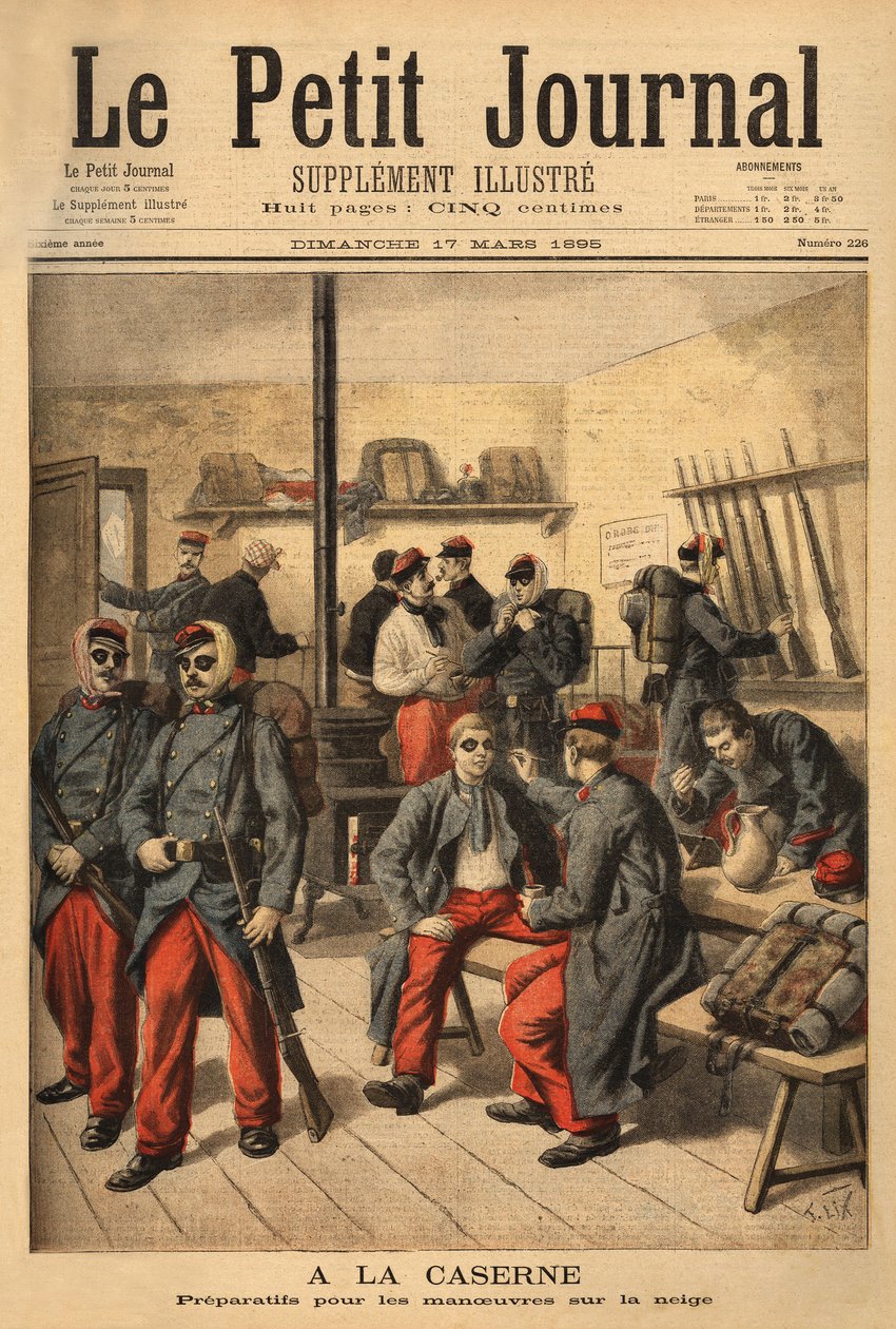 Préparation aux manœuvres sur la neige, au lieu de porter des lunettes avec des verres fumés, les soldats sont entourés de suie noire. Gravure dans "Le petit journal" 17/03/1895. Collection Selva. - Unknown artist