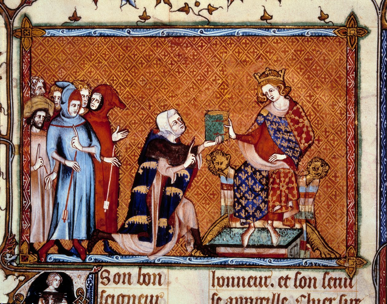 Présentation du livre : Jean de Joinville (1224-1317) offre son livre à Louis roi de Navarre futur Louis X le Hutin. Miniature dans « Vie de Saint Louis » - Unknown artist