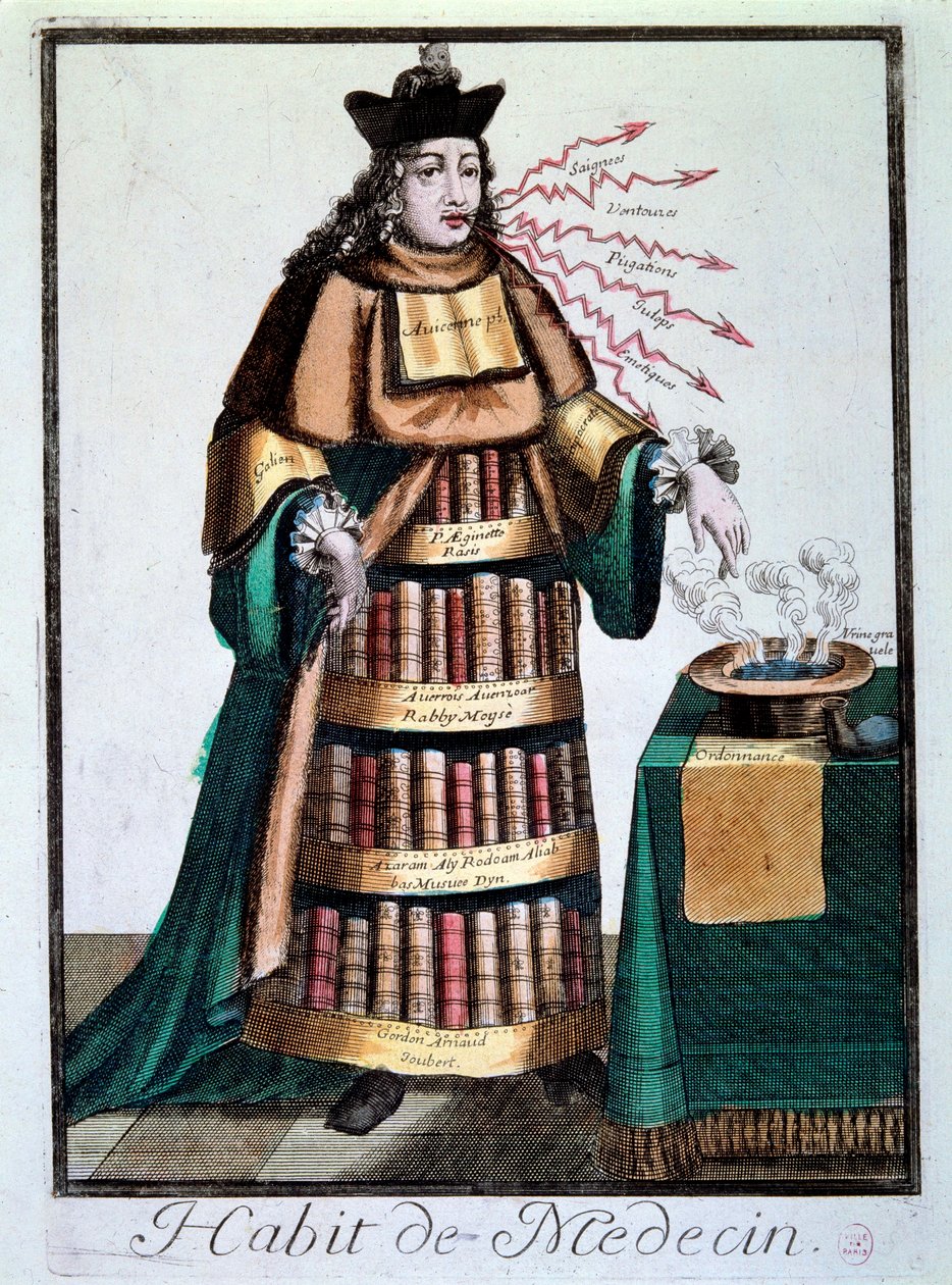 Profession : "la robe du médecin" Un homme portant les livres de Galien, Avicenne désignant un bassin contenant un liquide, une prescription et citant des traitements. Gravure du 18ème siècle Paris, Musée Carnavalet - Unknown artist