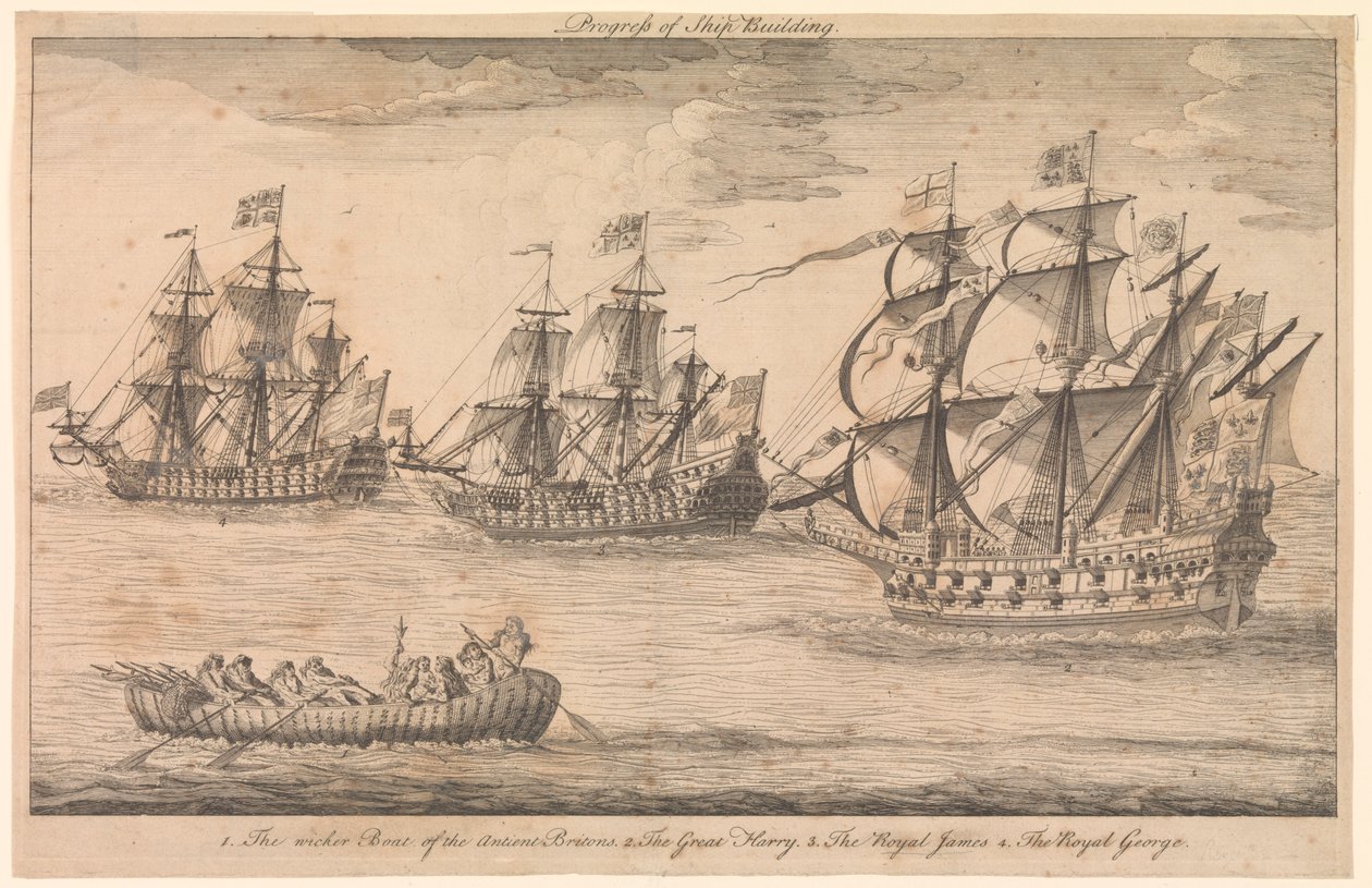 Progrès de la construction navale. 1. Le bateau en osier des anciens Bretons 2. Le Great Harry 3. Le Royal James 4. Le Royal George - Unknown artist