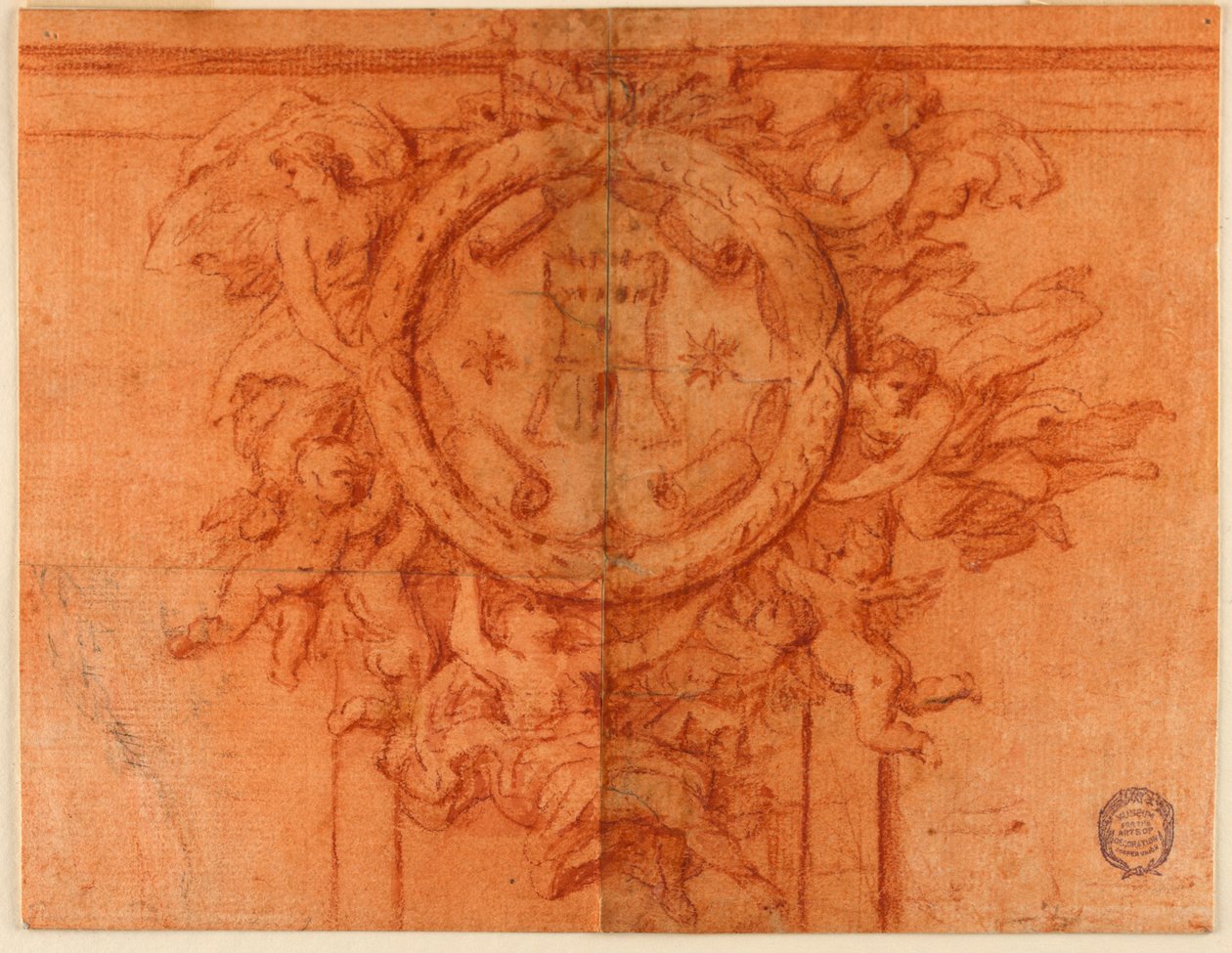 Projet pour une décoration murale (Figures féminines et putti soutenant un médaillon circulaire avec des armoiries) - Unknown artist