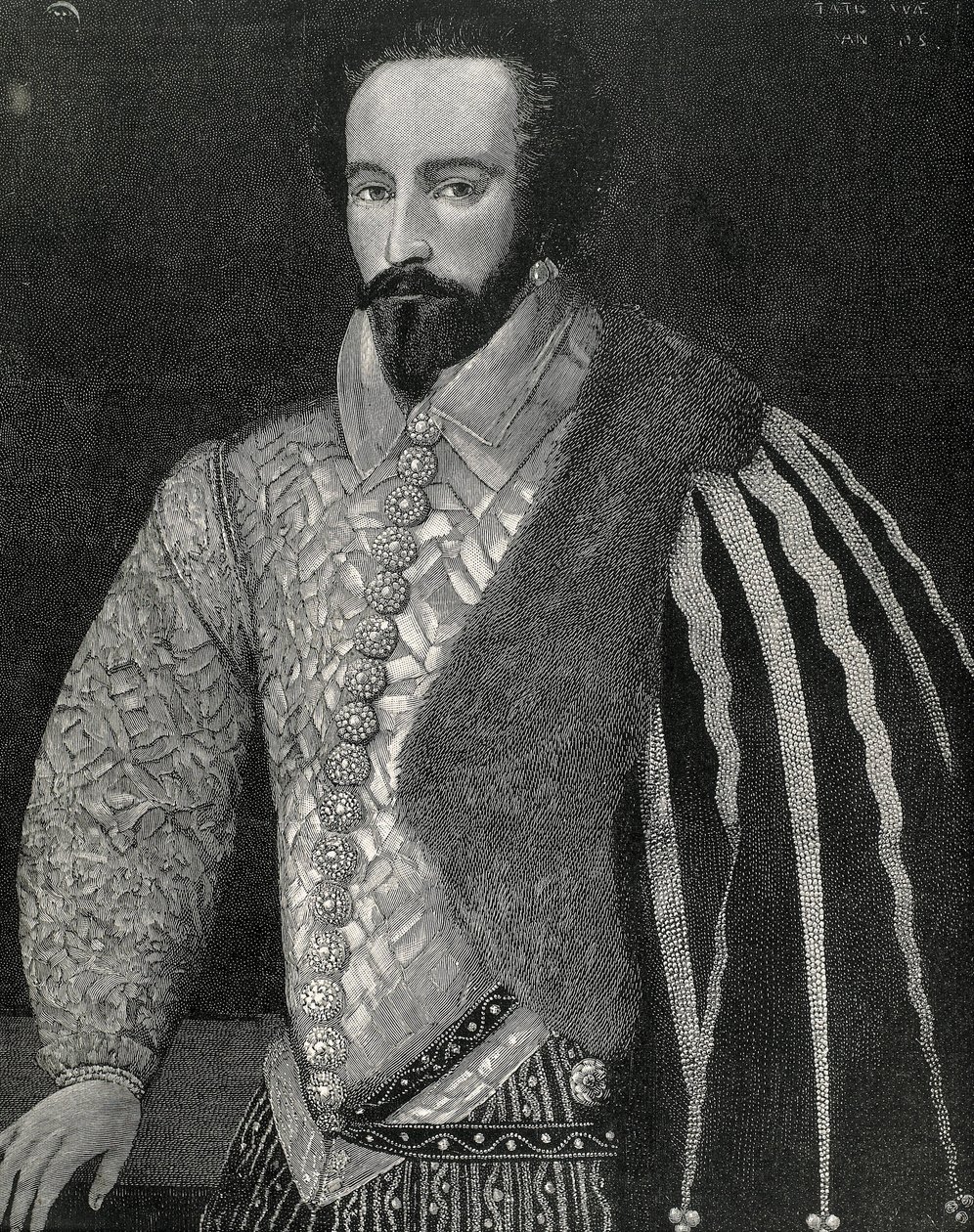 Raleigh, Sir Walter (1554-1618). Marin, explorateur et courtier anglais. Portrait de Sir Walter Raleigh. Gravé en 1891, exécuté d