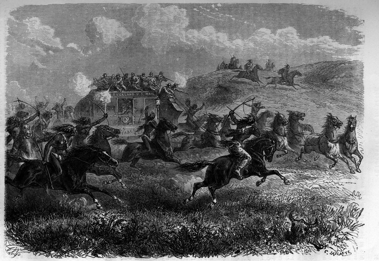 Cavaliers peaux-rouges attaquant une diligence dans la prairie. Gravure dans « Le Journal de la Jeunesse ». - Unknown artist