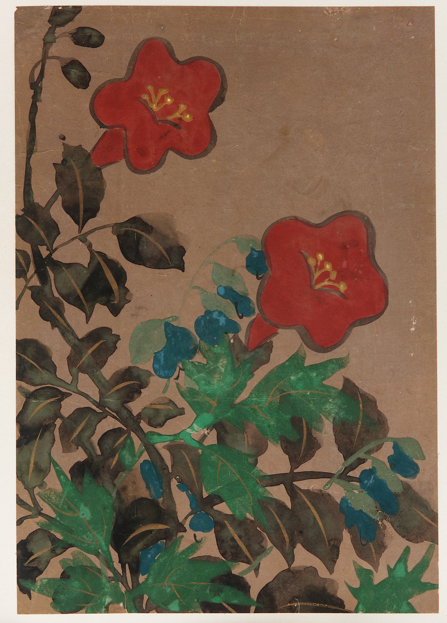 Fleurs rouges et bleues et feuillage - Unknown artist