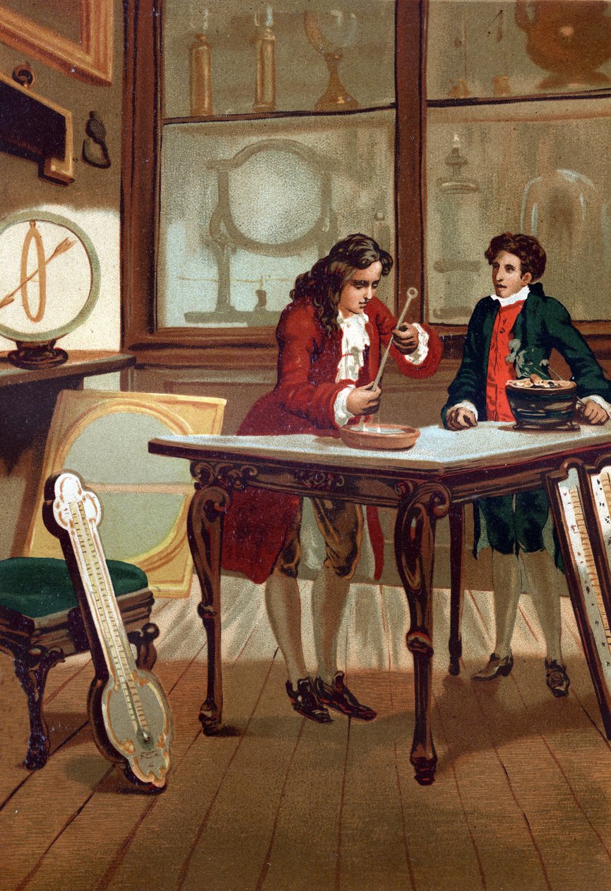 René Antoine Ferchault de Réaumur (1683-1757), chimiste et physicien français, construisant son thermomètre en 1730. D