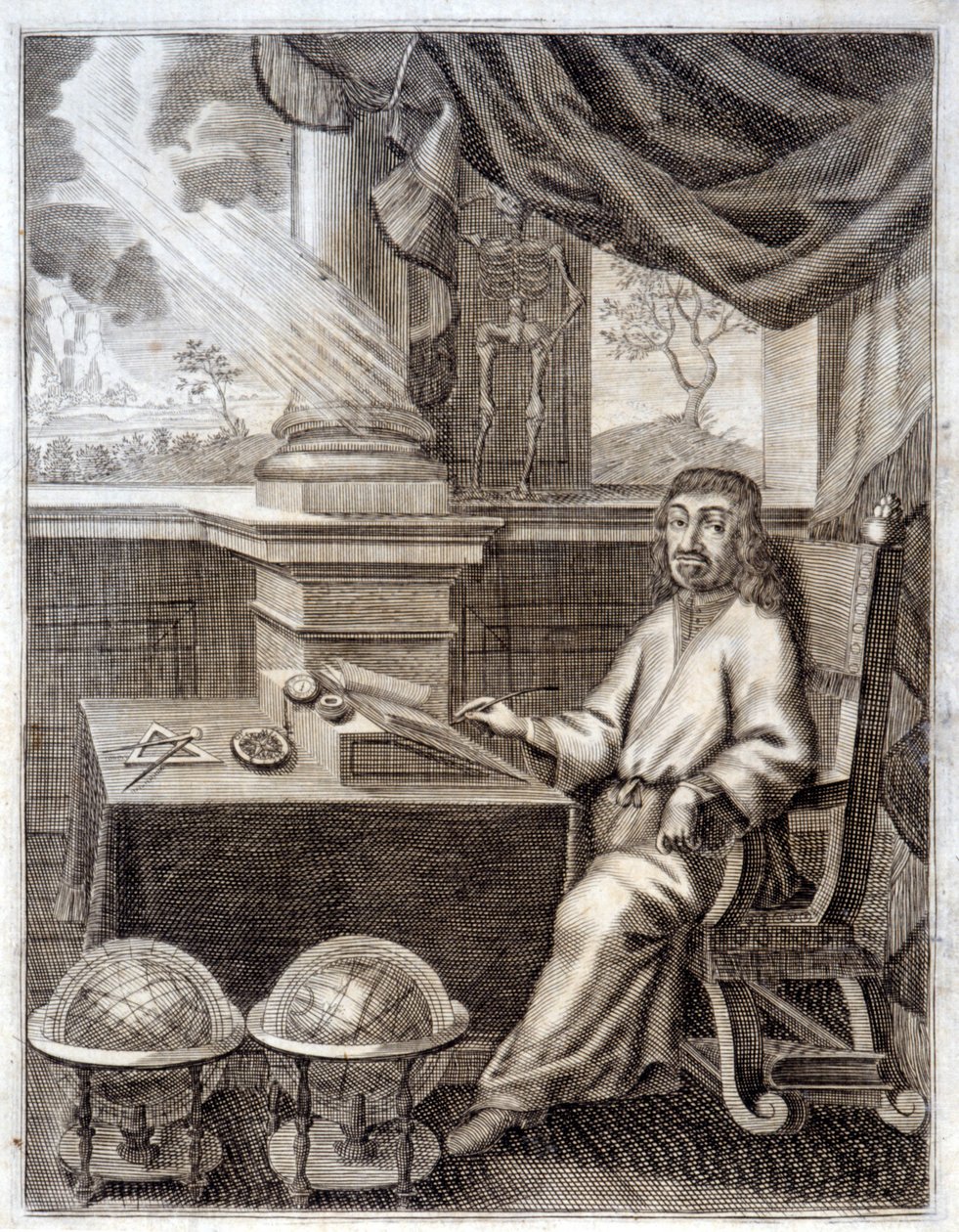 René Descartes (1596 - 1650) dans son bureau avec du matériel scientifique. Gravure du 17ème siècle - Unknown artist