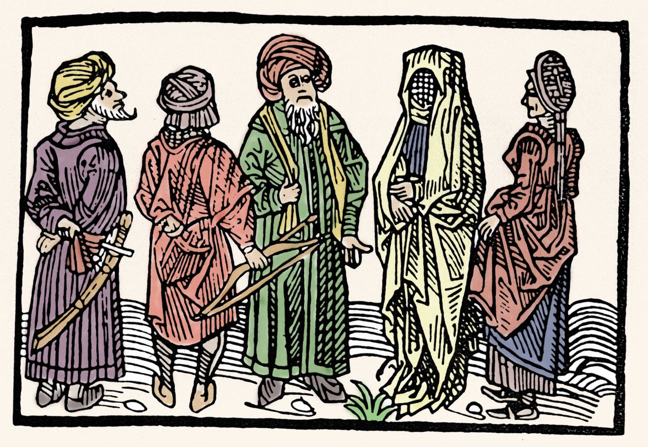 Représentation du sarrasin. Hommes avec des bras aux têtes entrelacées et femmes voilées. Xylographie du 15ème siècle - Unknown artist