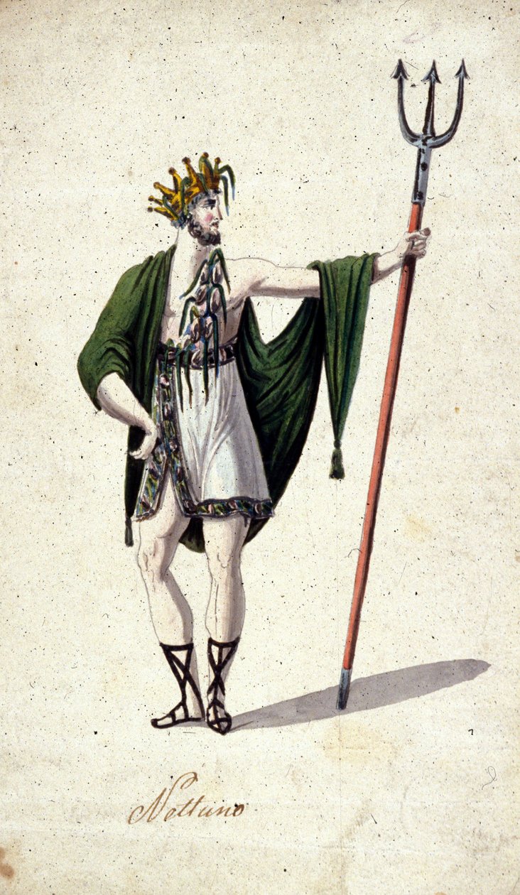 Représentation du dieu romain Neptune tenant un trident (identifié au Poséidon grec). Aquarelle du 18ème siècle - Unknown artist