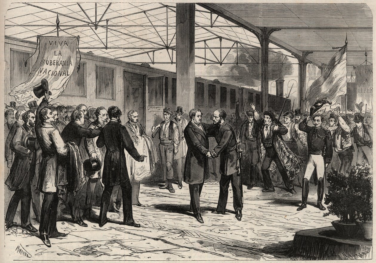 Révolution de septembre 1868 en Espagne (Gloriosa) : arrivée de Salustiano Olozaga (1805-1873) à Madrid. Gravure dans "L