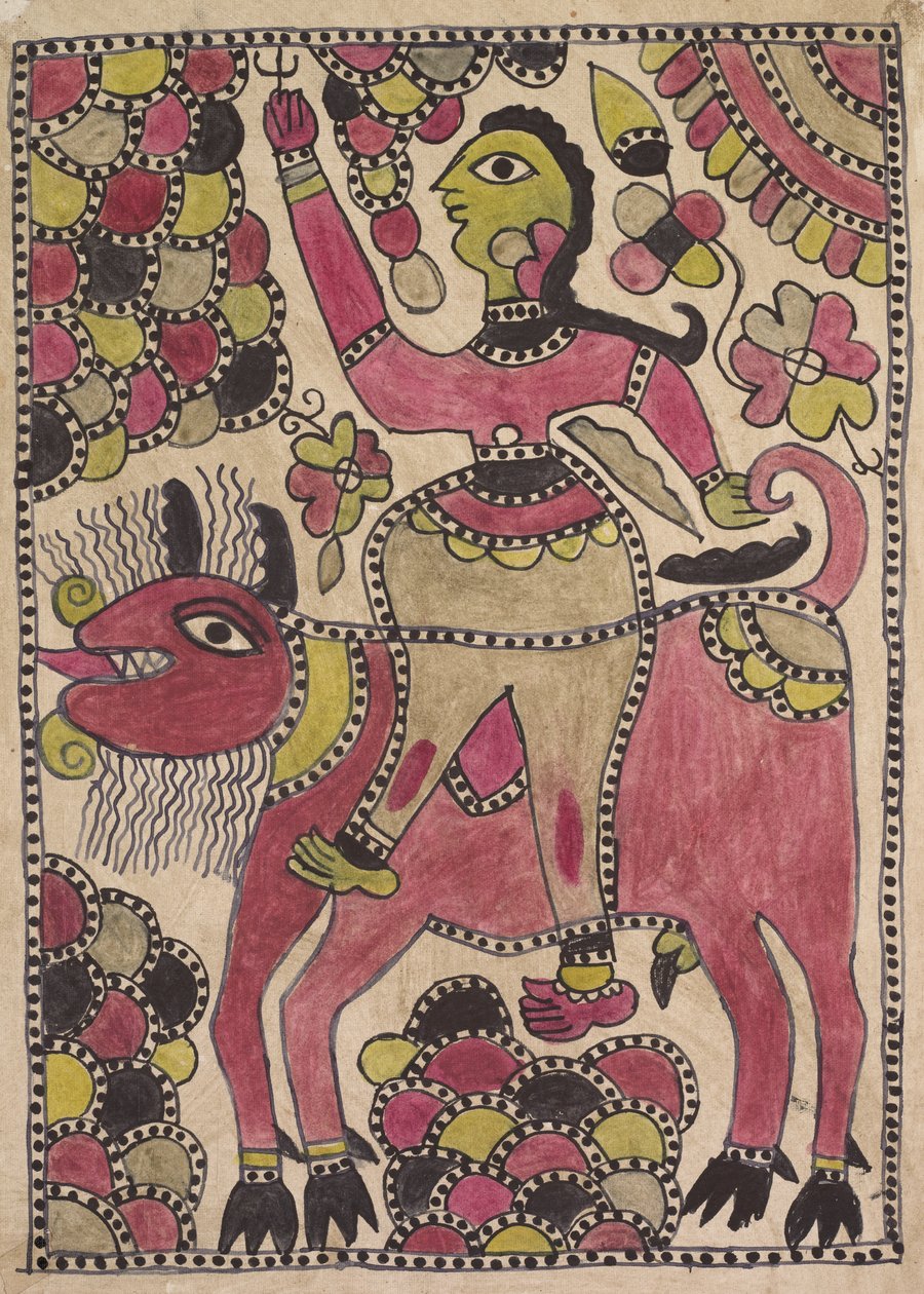 Cavalier et créature bovine à quatre pattes dans une palette mauve, chartreuse et noire - Unknown artist