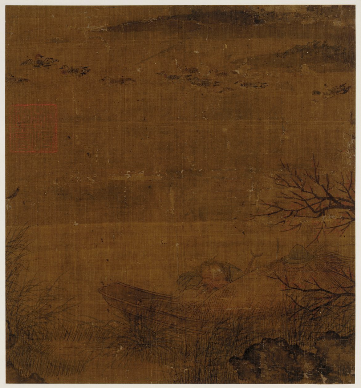 Scène de rivière : un homme endormi dans un bateau - des canards nageant à proximité - Unknown artist