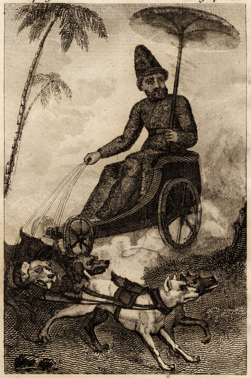 Robinson Crusoé sur son chariot tiré par six dogues, gravure insérée dans « Les aventures de Robinson Crusoé » de Daniel Defoe - Unknown artist