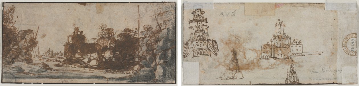 Crique rocheuse avec bateaux et bâtiments (recto); Esquisses de châteaux (verso) - Unknown artist