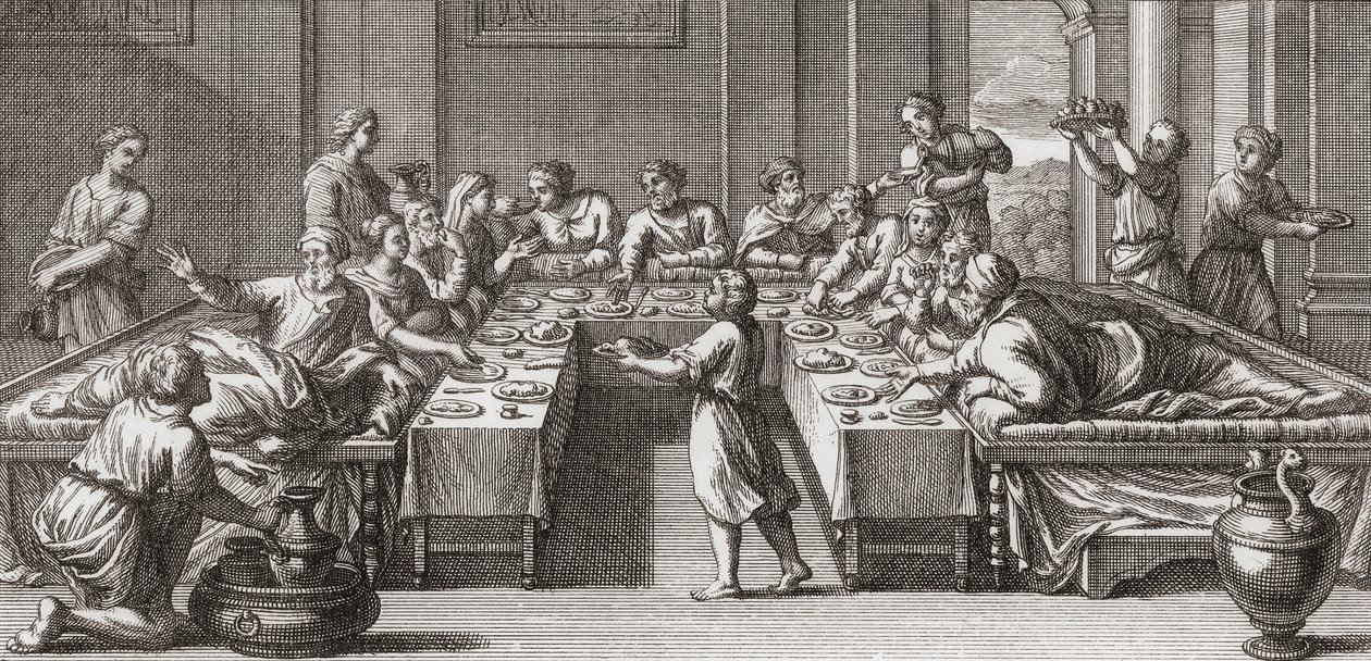 Triclinium romain, ou salle à manger, avec table et canapés - Unknown artist