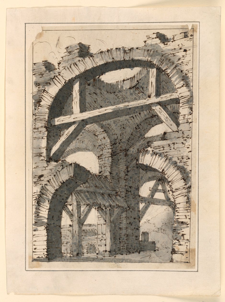 Arches en pierre brute renforcées par des poutres en bois - Unknown artist