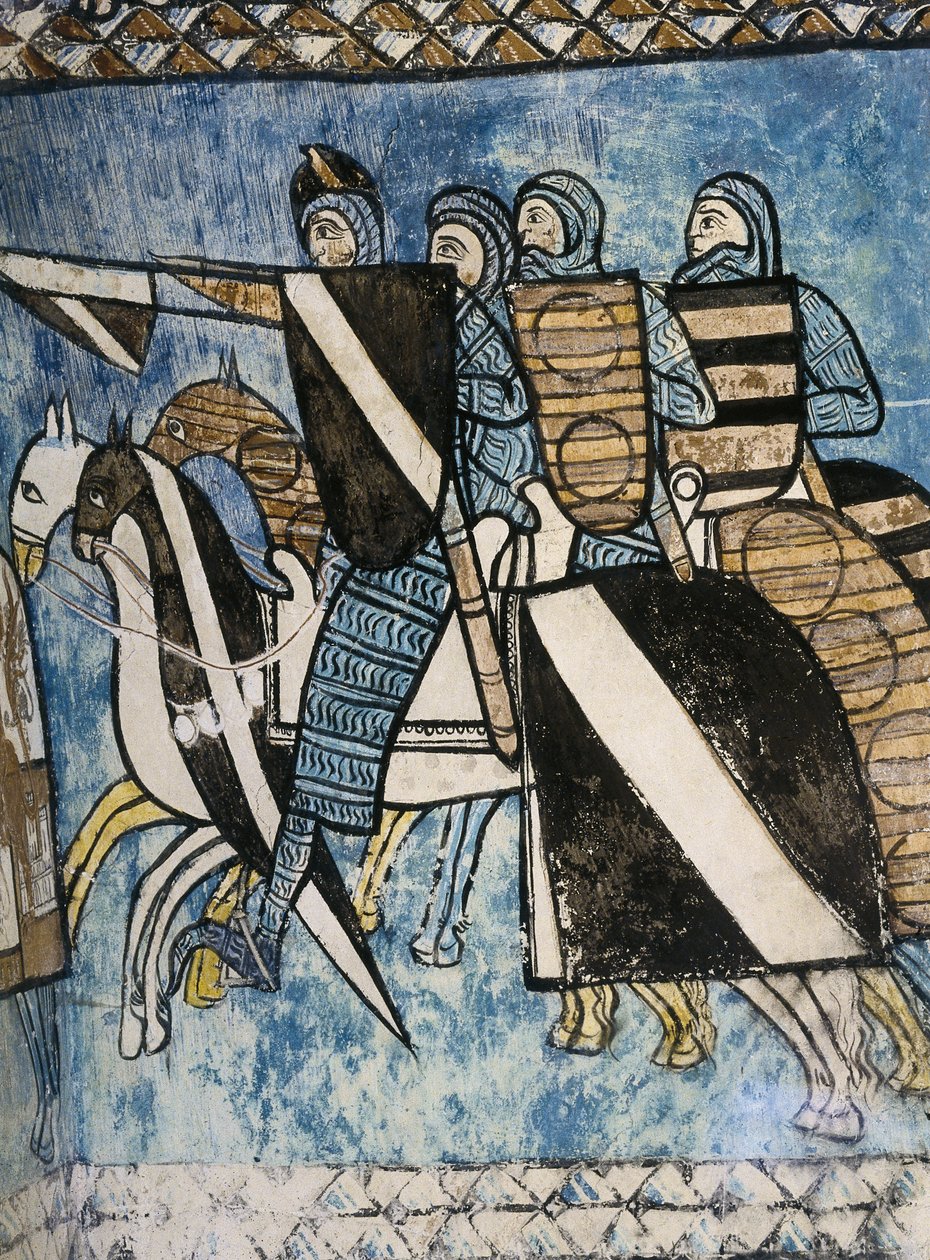 ESPAGNE. CASTILLE ET LEÓN. Valladolid. Monastère de San Bernardo de Valbuena. Armée castillane, groupe de soldats chrétiens à cheval. XIVe siècle. Peinture murale sur "La Reconquista". Art gothique - Unknown artist