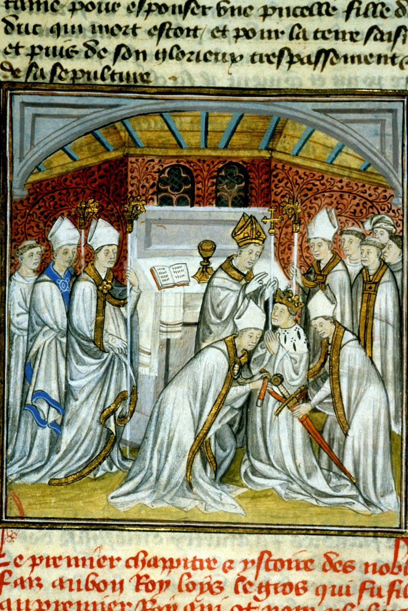 Sacre de Louis VI (1108) - Illumination de manuscrit sur vélin des Grandes Chroniques de Saint-Denis, fin du 14ème siècle - Unknown artist