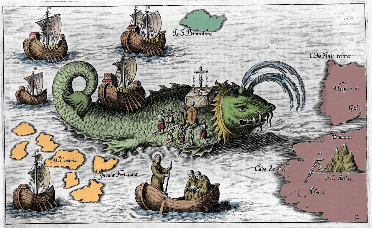 Saint Brendan (Brandan), héros et saint irlandais du VIe siècle, célébrant la messe sur le dos de la baleine géante Jasconius. La légende dit que son bateau était porté sur le dos d