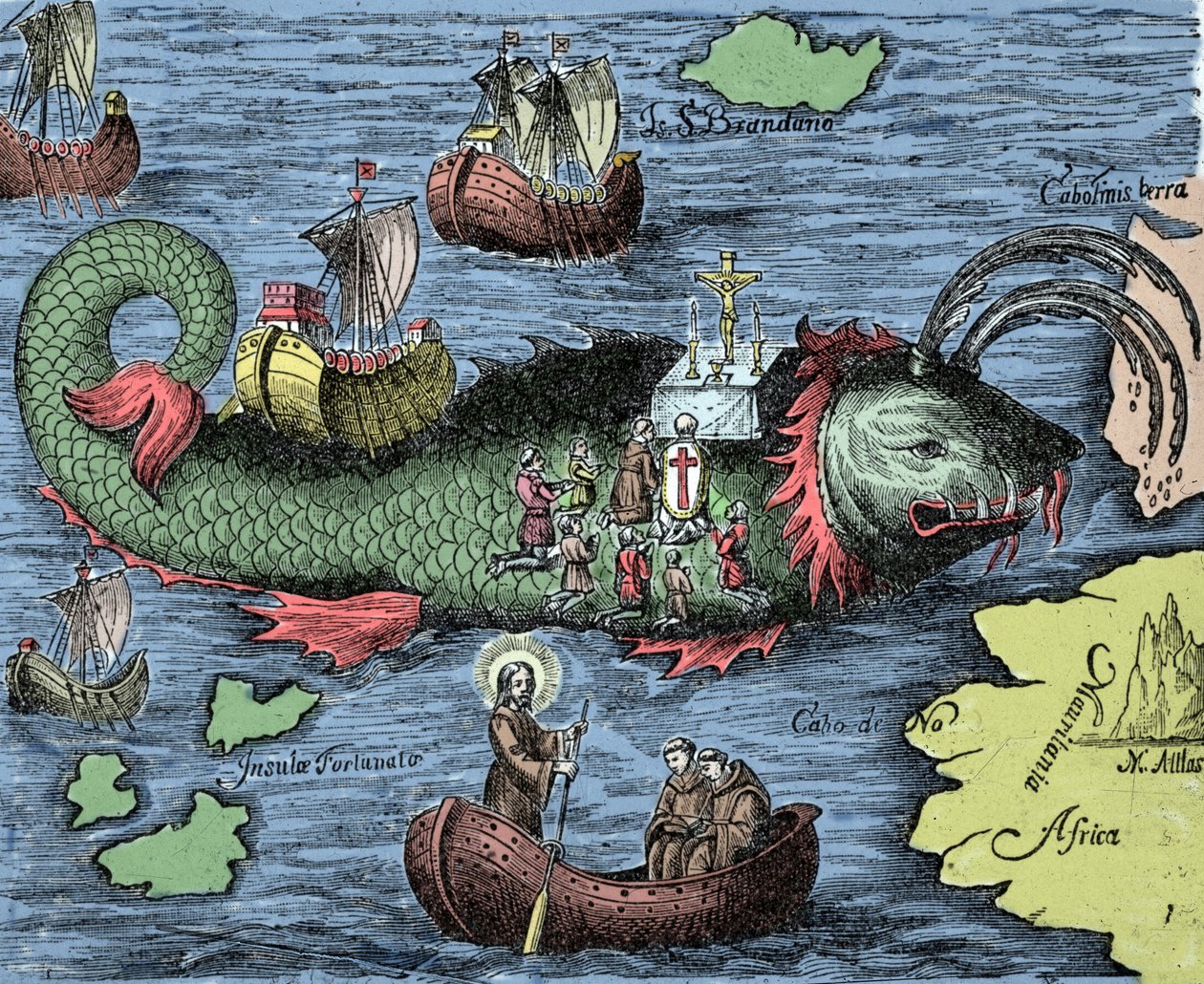 Saint Brendan (Brandan), héros et saint irlandais du 6ème siècle, célébrant la messe sur le dos de la baleine géante Jasconius. La légende dit que son bateau était porté sur le dos d