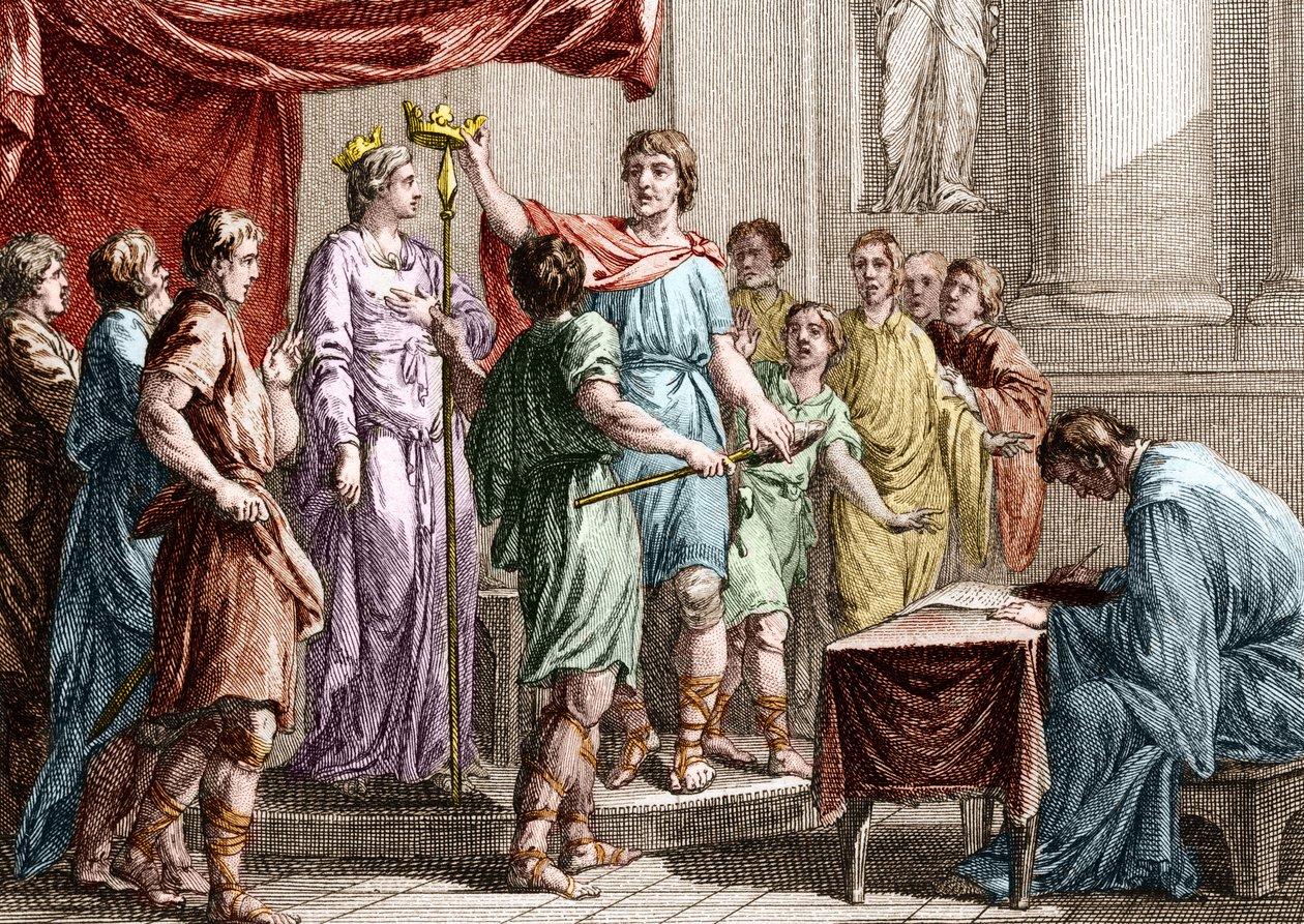 Loi salique - Établissement de la loi salique, rédigée par Clovis Ier en 508, elle consiste essentiellement à régler les problèmes de procédures concernant les biens et les personnes et à régler les droits de succession pour les terres qui ne peuvent être  - Unknown artist