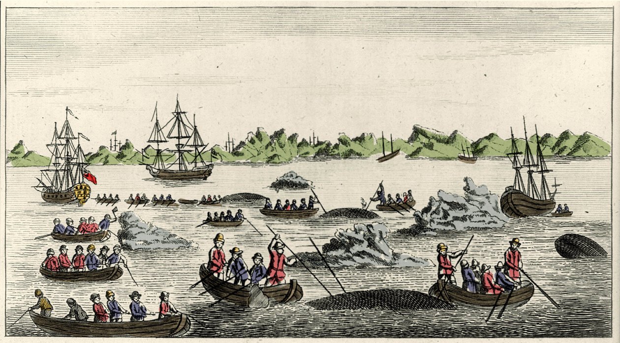 Scène de pêche à la baleine au Groenland au 18ème siècle, estampe populaire anonyme de l