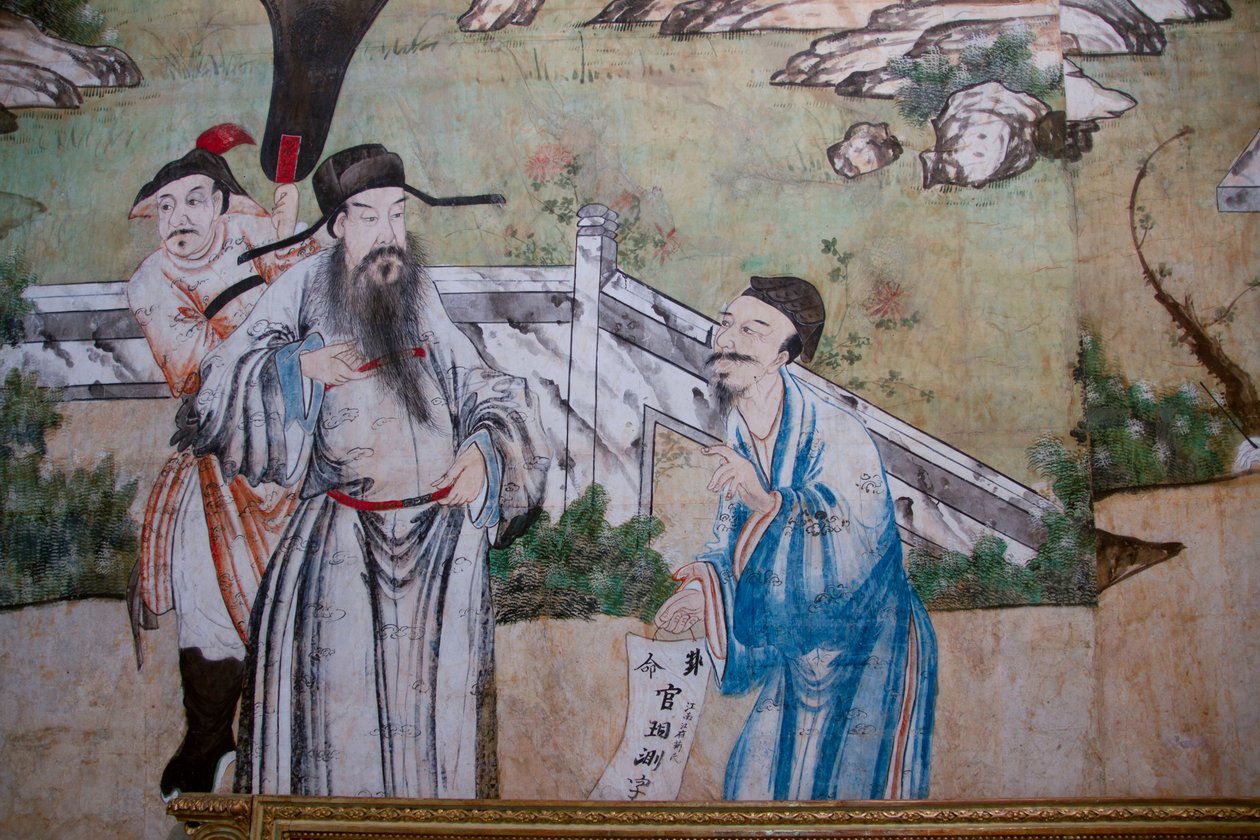 Scènes de la vie quotidienne en Chine (détail du papier peint chinois, cabinet chinois, résidence de chasse, par Filippo Juvarra, Stupinigi, Piémont, Italie) - Unknown artist