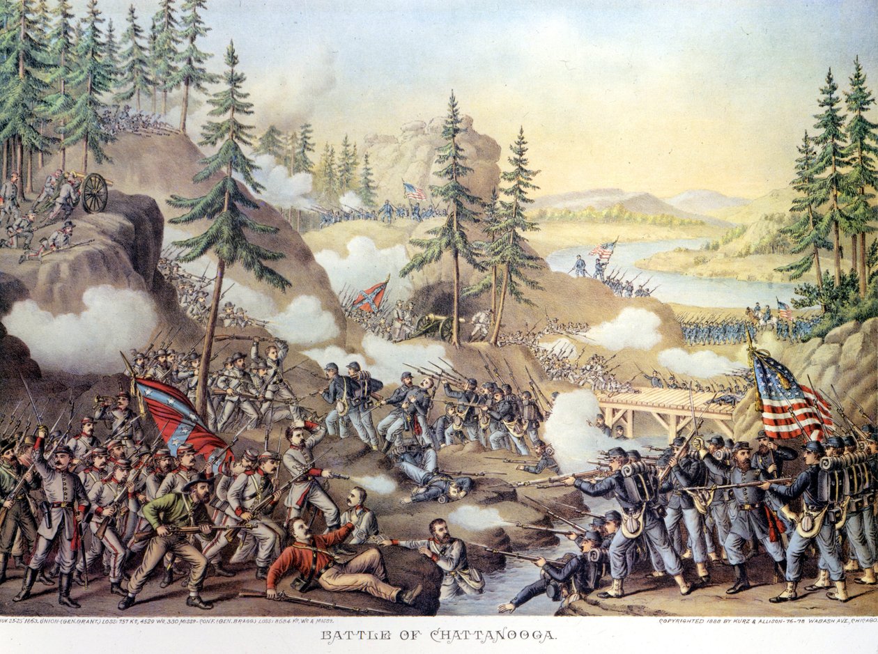 Guerre de Sécession (1861 - 1865) ou guerre civile américaine : 24-25/11/1863 : après deux jours de bataille à Chattanooga, Tennessee, victoire de l