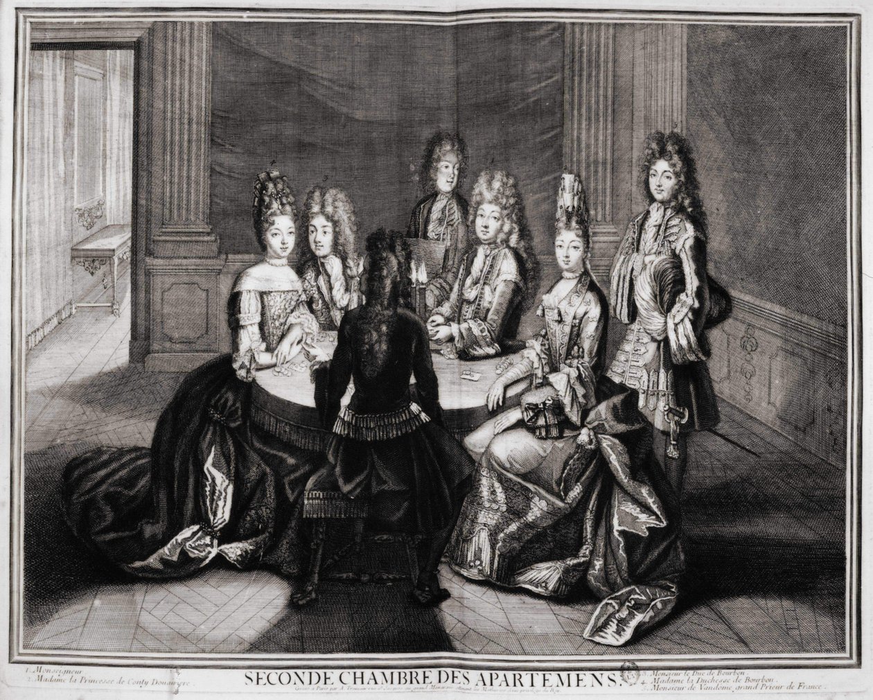 Deuxième salle des appartements (Versailles) : 1. Monseigneur, 2. Madame Princesse de Conti Douairière, 3. Monsieur le Duc de Bourbon, 4. Madame la Duchesse de Bourbon, 5. Monsieur de Vendôme, Grand Prieur de France. Gravure de Trouvain, début XVIIIe siècl - Unknown artist