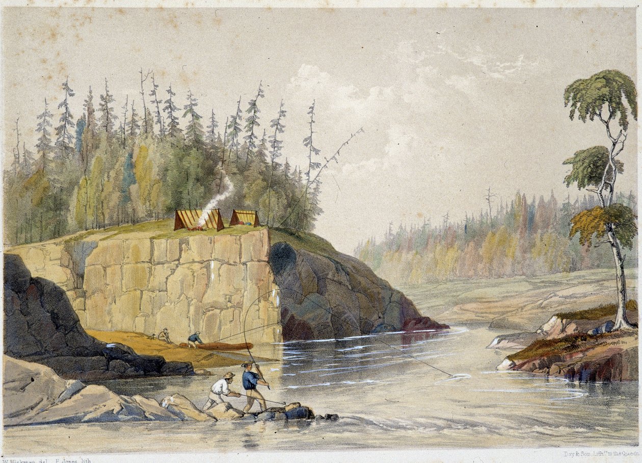 Colons au Canada pêchant dans une rivière - dans "Sketches on the nipisaguit a river of New Brunswick in America" de William Hickman, éd. Halifax - Unknown artist